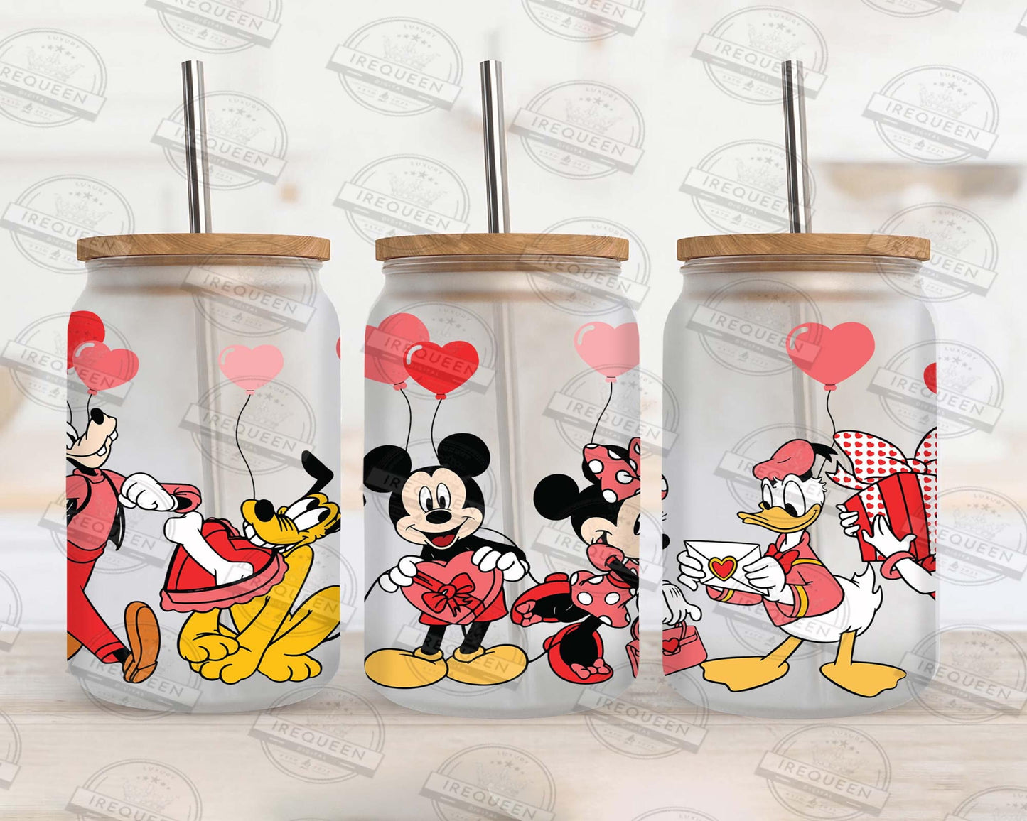 Valentine Cartoon 16oz Libbey Glass Wrap Png, Valentine Stitch Libbey Glass Wrap Png, Mickey Valentine Cartoon Glass, Digital download , Instant Download