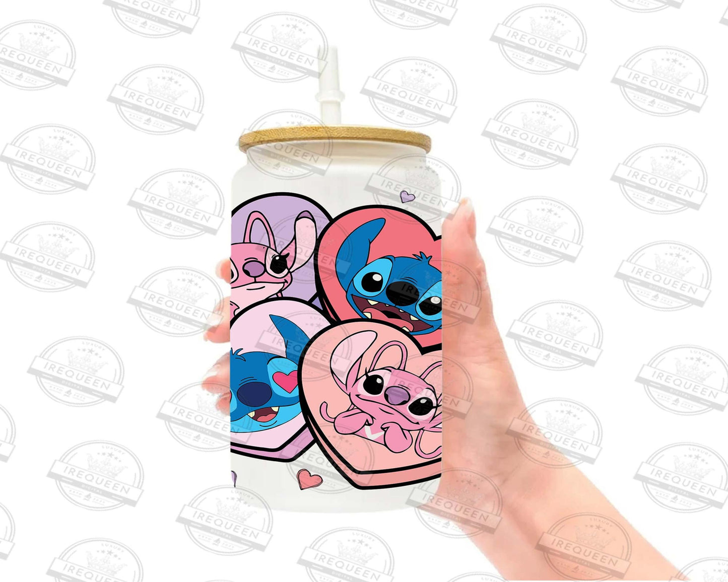 Valentine Cartoon 16oz Libbey Glass Wrap Png, Valentine Stitch Libbey Glass Wrap Png, Mickey Valentine Cartoon Glass, Digital download , Instant Download