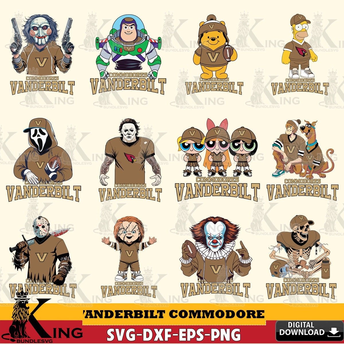 Massive pack of Vanderbilt Commodores cartoon football NCAA bundle, versatile clip art for stickers, decals, and mugs.
