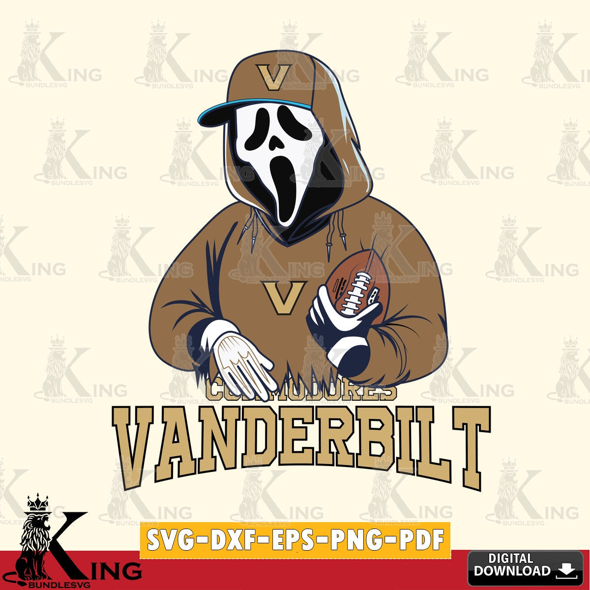 Vector design showing Vanderbilt Commodores Ghostface Scream football player, a digital file for silhouette cameo and cricut