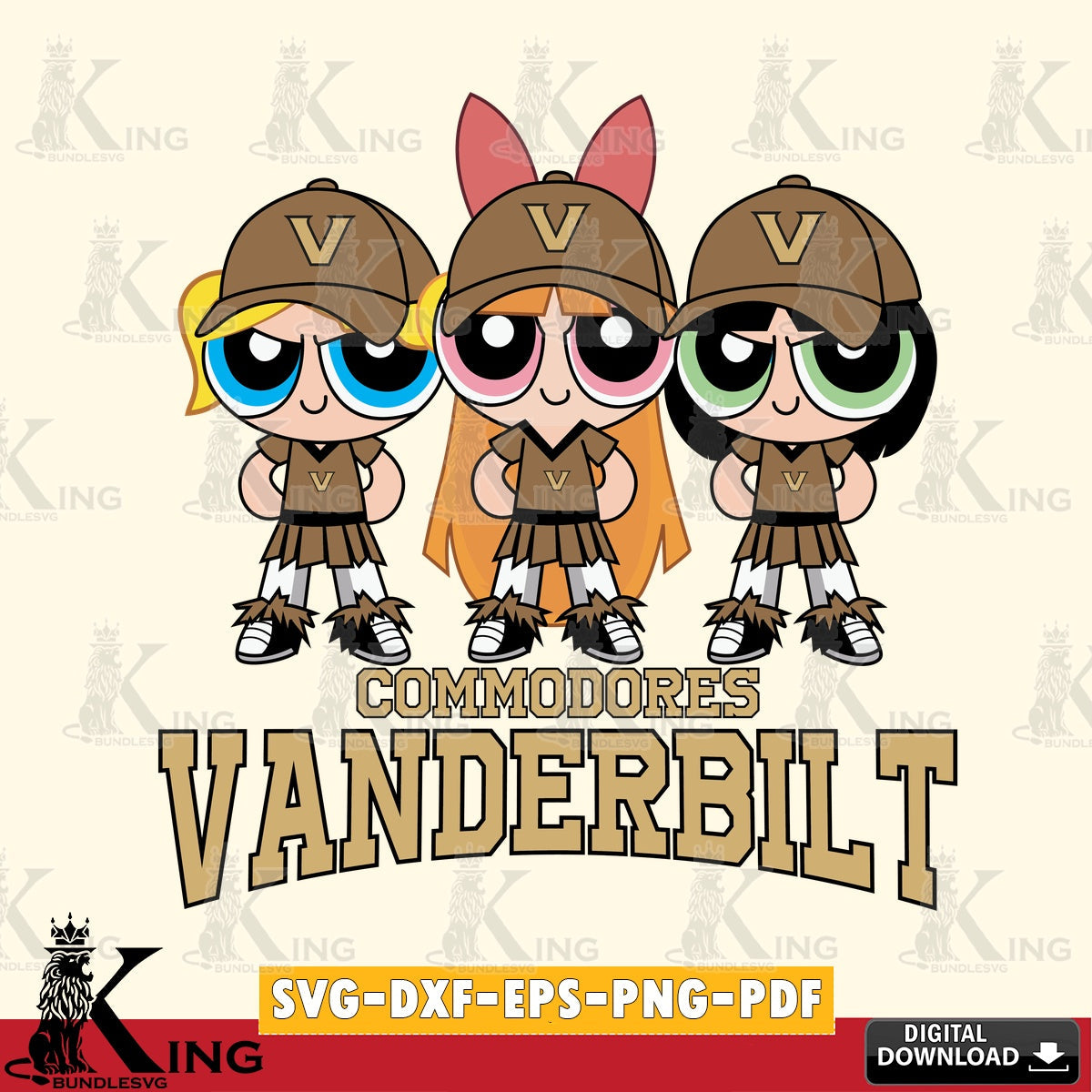 Vector design showing Vanderbilt Commodores PowerPuff Girls Football, SVG PNG design suitable for Glowforge and laser cutting