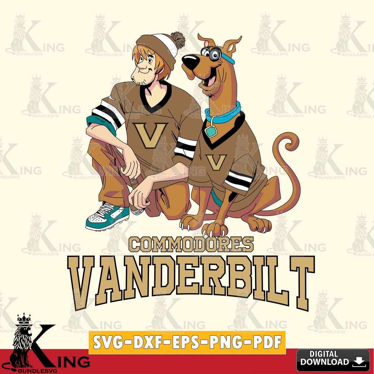 Vector design showing Vanderbilt Commodores Shaggy and Scooby Doo football, NCAA file cut, SVG PNG files perfect for Cricut and