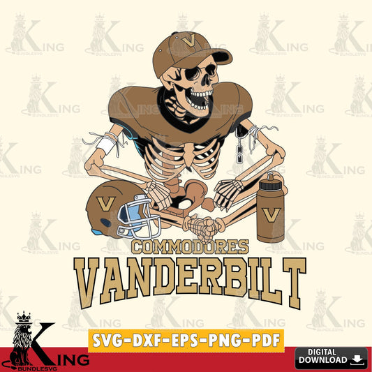 Artistic drawing of a Vanderbilt Commodores skeleton football player, NCAA, PNG clipart for sublimation printing and graphic