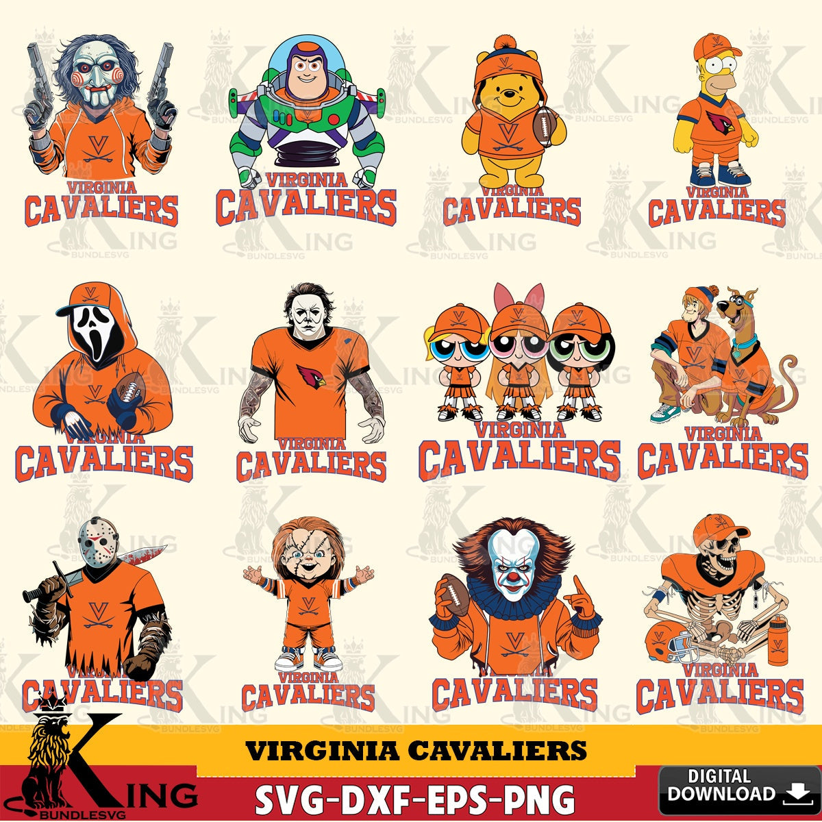 Premium pack containing Virginia Cavaliers Cartoon Football NCAA Bundle, a printable vector design for sublimation and crafts