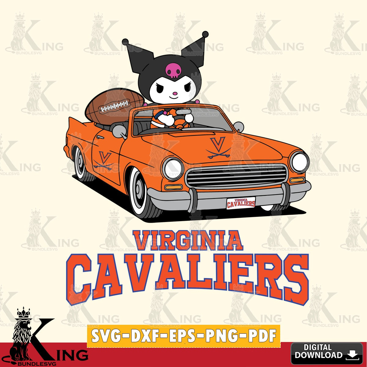 Virginia Cavaliers Kuromi Car Football Game SVG file, Cricut, Cut file  , Digital Download , Instant Download, Sanrio svg, Clipart
