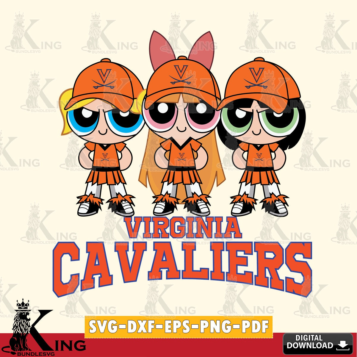 Beautiful illustration of Virginia Cavaliers PowerPuff Girls football, high-quality vector for DIY scrapbooking and home decor