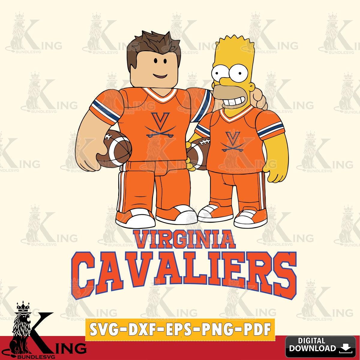 Hand-drawn style art of Virginia Cavaliers Roblox Homer Simpson Football NCAA Cricut File cut Digital SVG PNG files perfect for