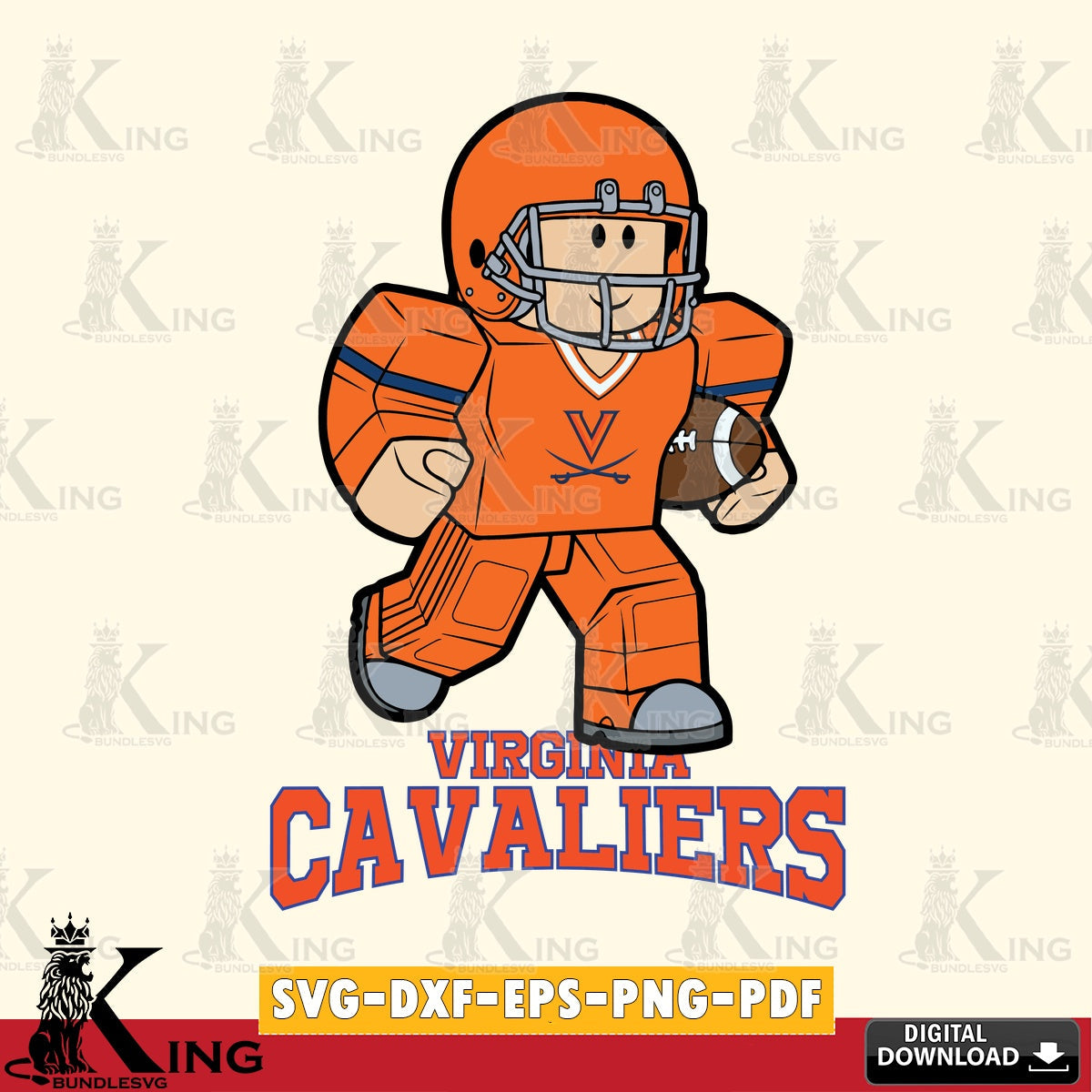 Digital download featuring a Virginia Cavaliers Roblox player in a rugby pose, SVG cut file for personalized gifts and laser