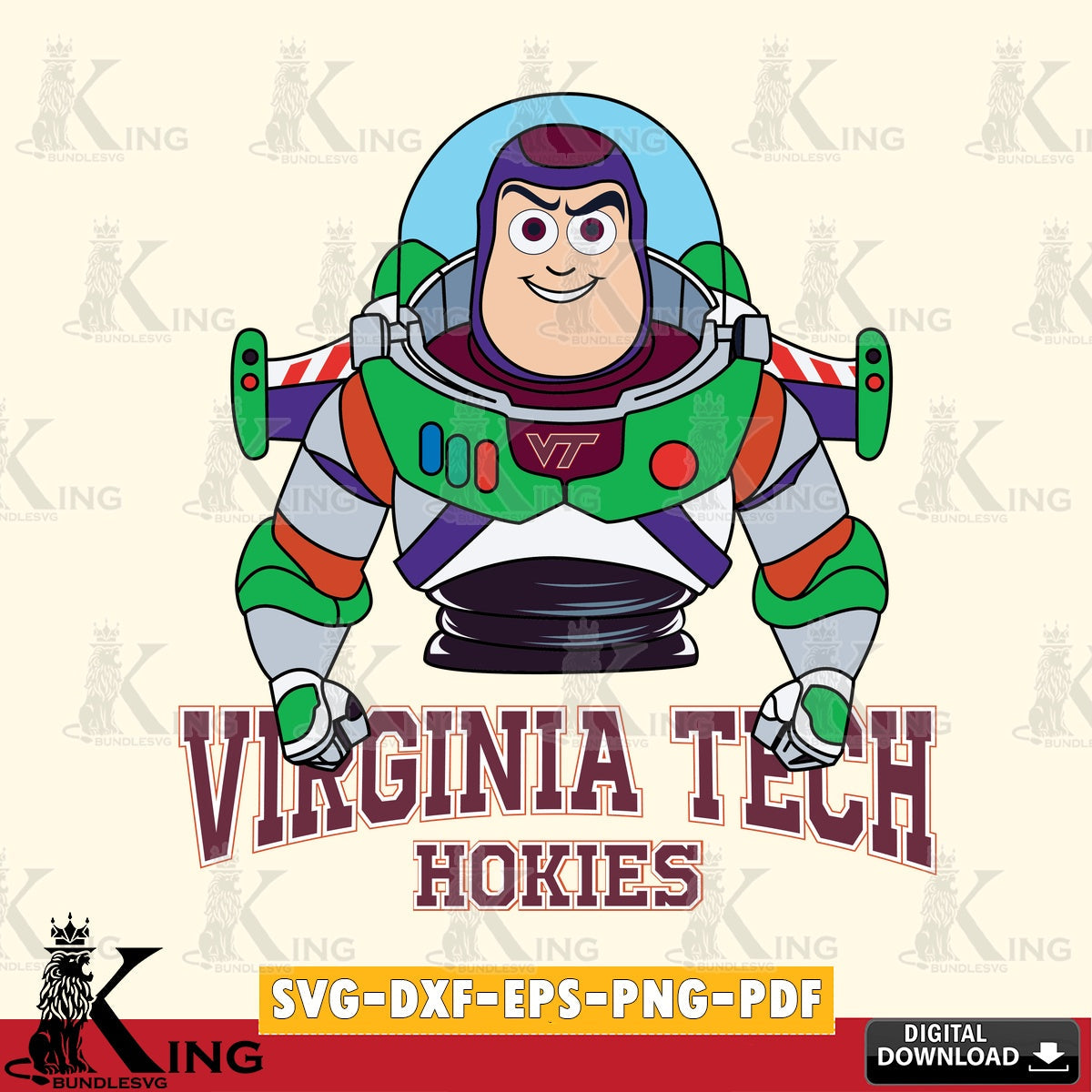 Artistic drawing of Virginia Tech Hokies Buzz Lightyear football, cut file ideal for vinyl projects and T-shirt printing