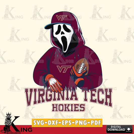 Modern graphic depicting a Virginia Tech Hokies Ghostface Scream football player, cut file ideal for vinyl projects and T-shirt