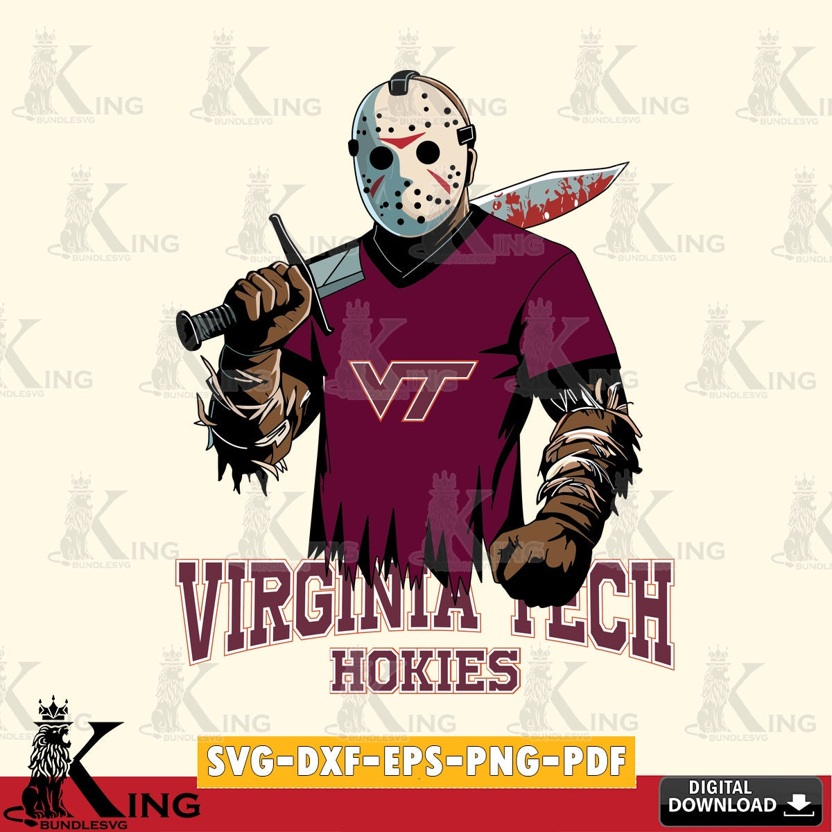 Eye-catching graphic of a Virginia Tech Hokies Jason Voorhees football design, printable vector design for sublimation and crafts