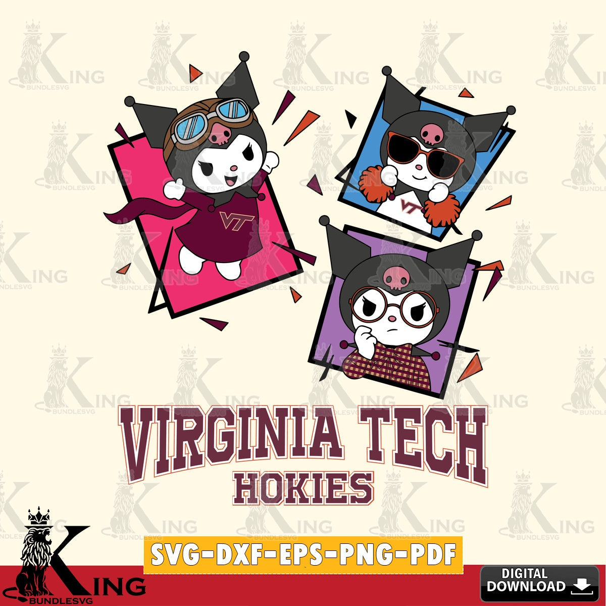 Virginia Tech Hokies Kuromi Action Football SVG file, Cricut, Cut file  , Digital Download , Instant Download, Sanrio svg, Clipart