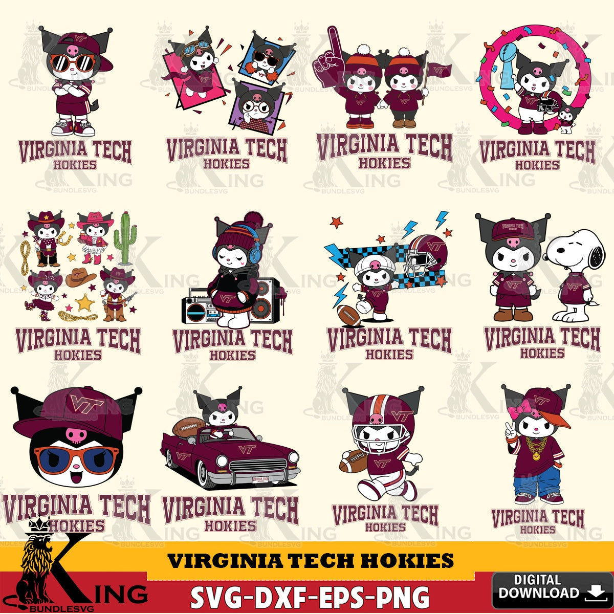 Virginia Tech Hokies Kuromi Football Jersey NCAA Bundle SVG file, Cricut, Cut file  , Digital Download , Instant Download, Sanrio svg, Clipart