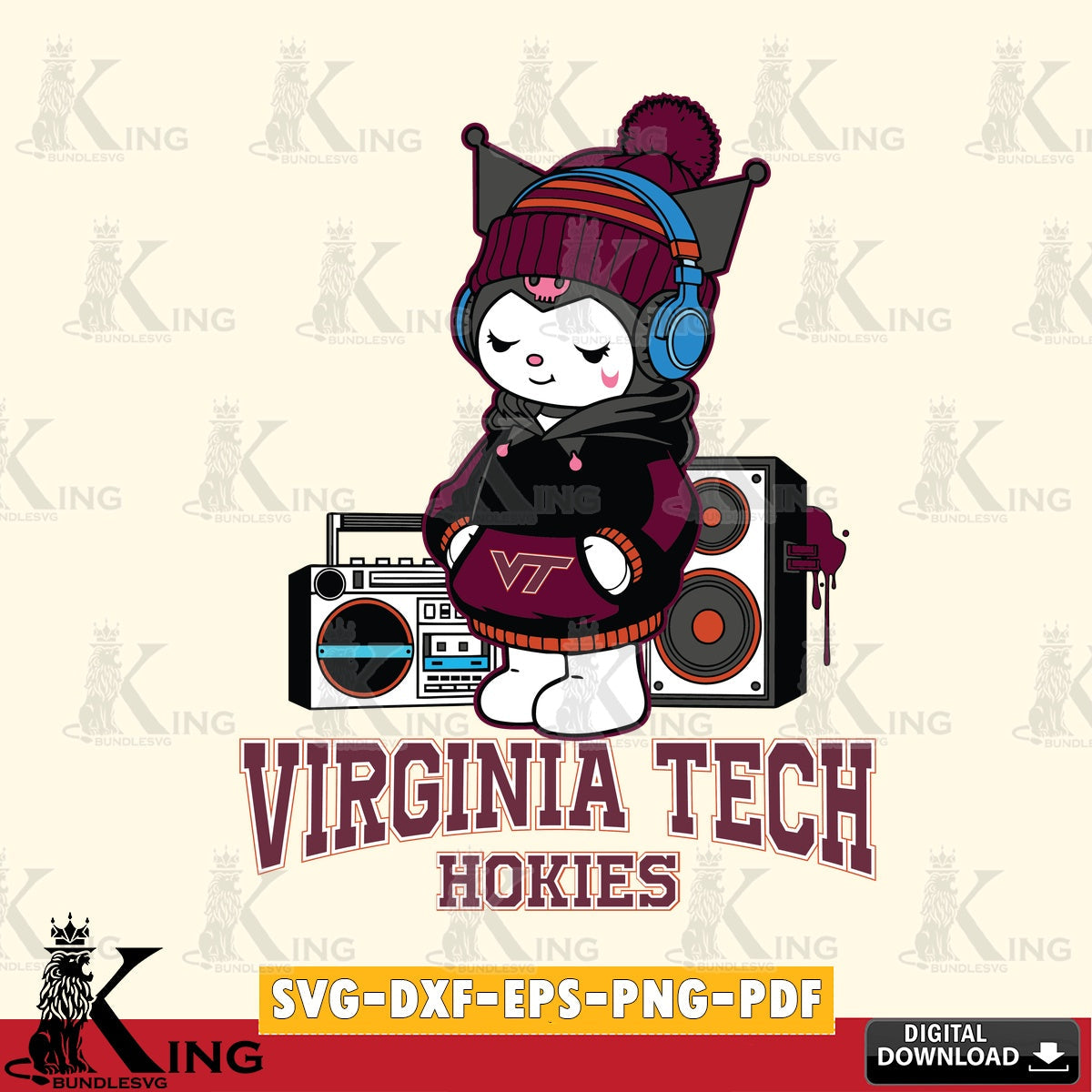 Virginia Tech Hokies Kuromi Football Music SVG file, Cricut, Cut file  , Digital Download , Instant Download, Sanrio svg, Clipart