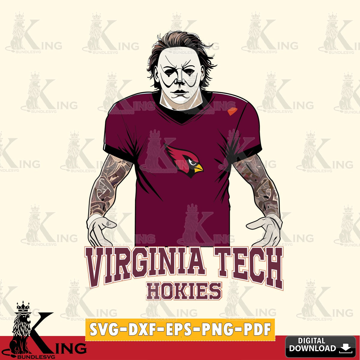 Stylish representation of Virginia Tech Hokies Michael Myers tattoo football, PNG clipart for sublimation printing and graphic