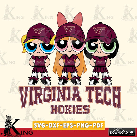 Vector design showing Virginia Tech Hokies PowerPuff Girls Football, NCAA SVG PNG design suitable for Glowforge and laser cutting