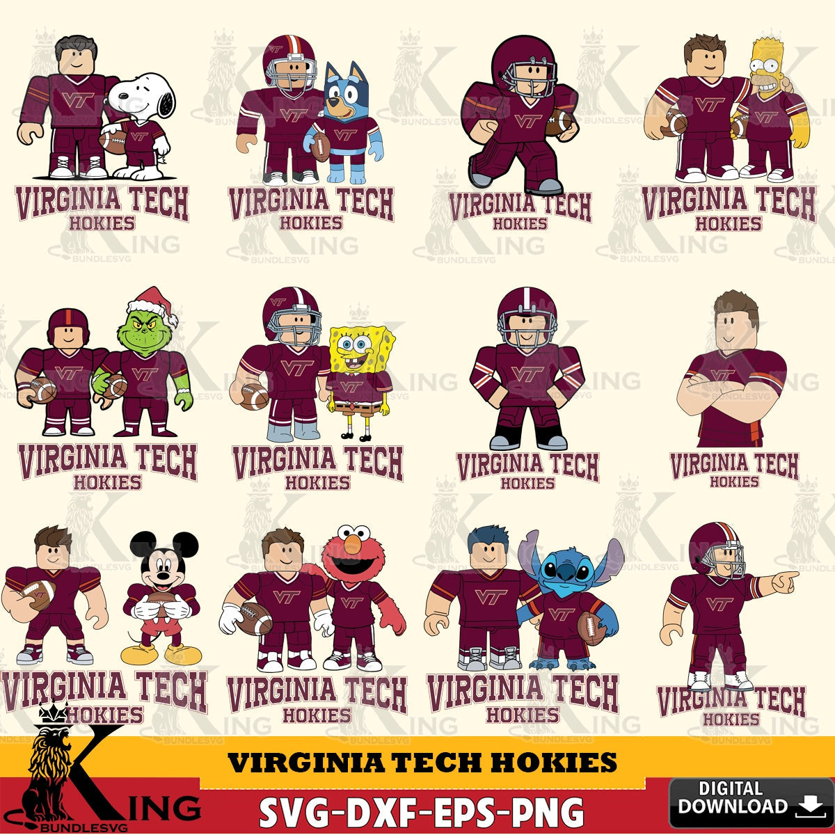 Collage of Virginia Tech Hokies characters and logos with various cartoon characters in maroon uniforms.