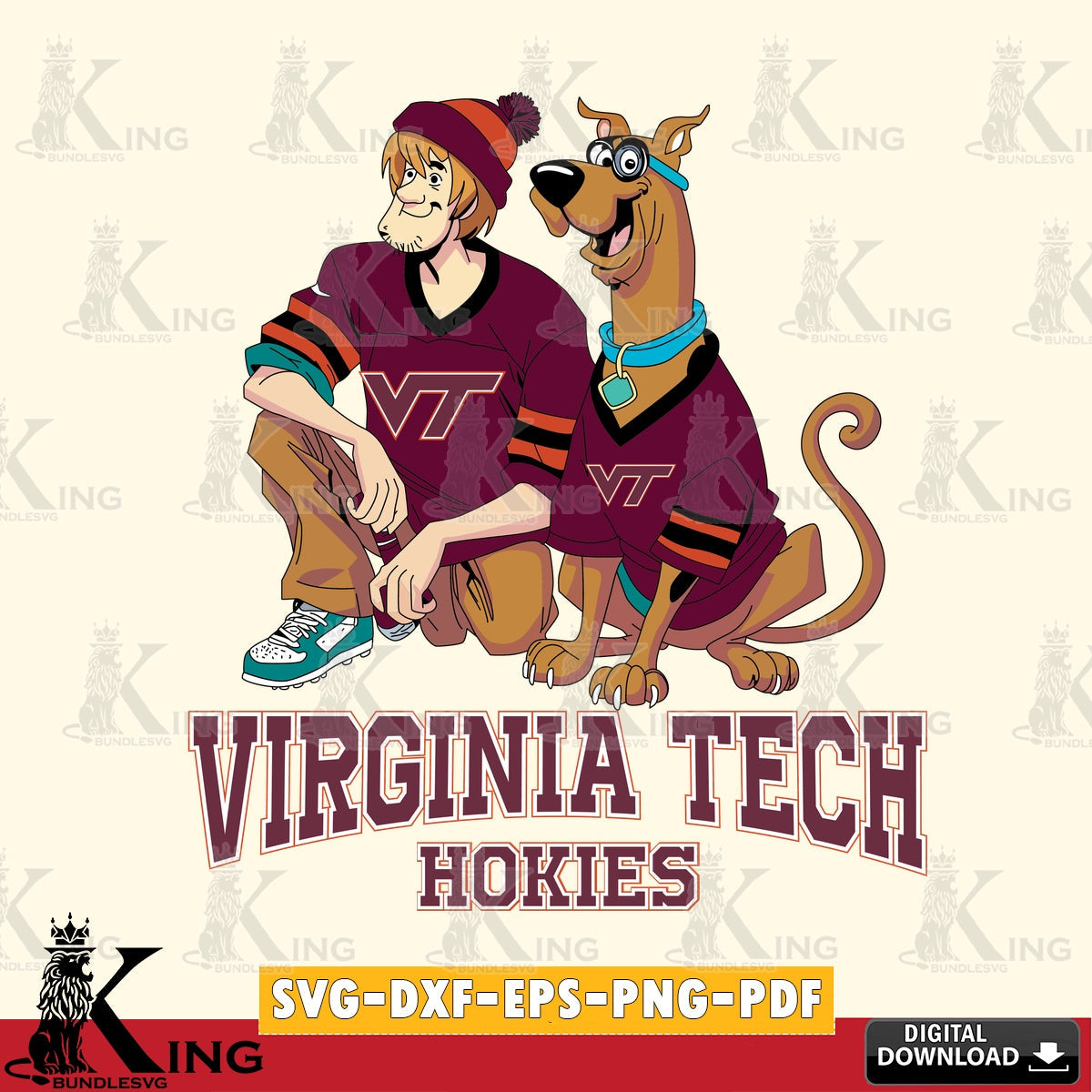 Unique artwork depicting Virginia Tech Hokies Shaggy and Scooby Doo football, cut file ideal for vinyl projects and T-shirt
