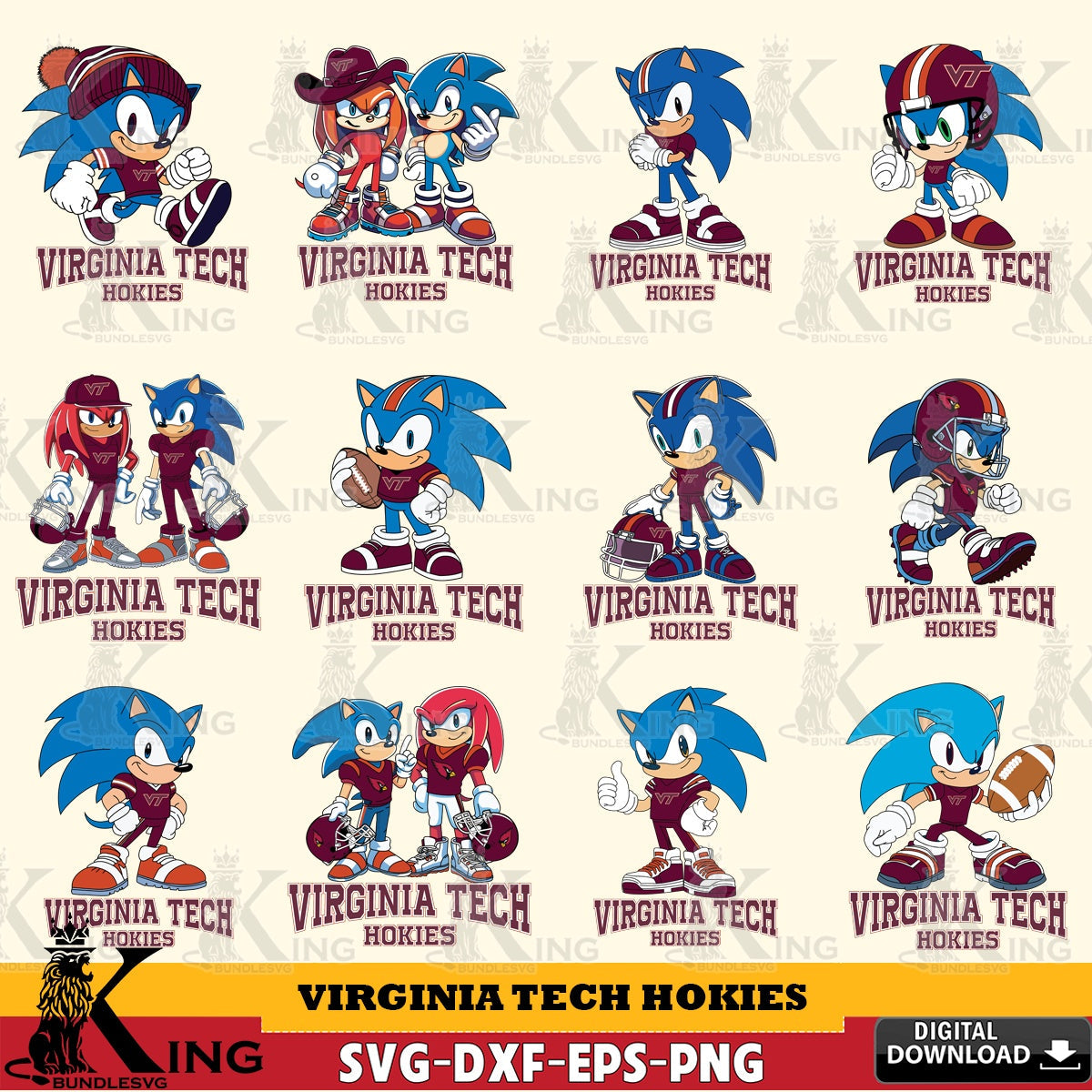 All-in-one bundle of Virginia Tech Hokies Sonic & Knuckles NCAA Football SVG PNG files perfect for Cricut and Silhouette cutting