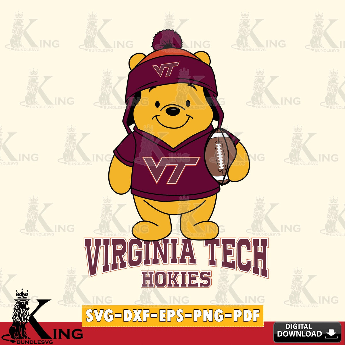 Hand-drawn style art of Virginia Tech Hokies Winnie the Pooh player football, NCAA vector art for engraving, cutting, and printing