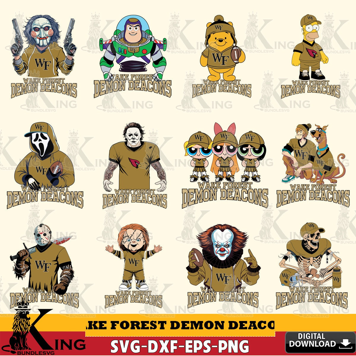 All-in-one bundle of Wake Forest Demon Deacons cartoon football NCAA designs, a digital file for silhouette cameo and cricut