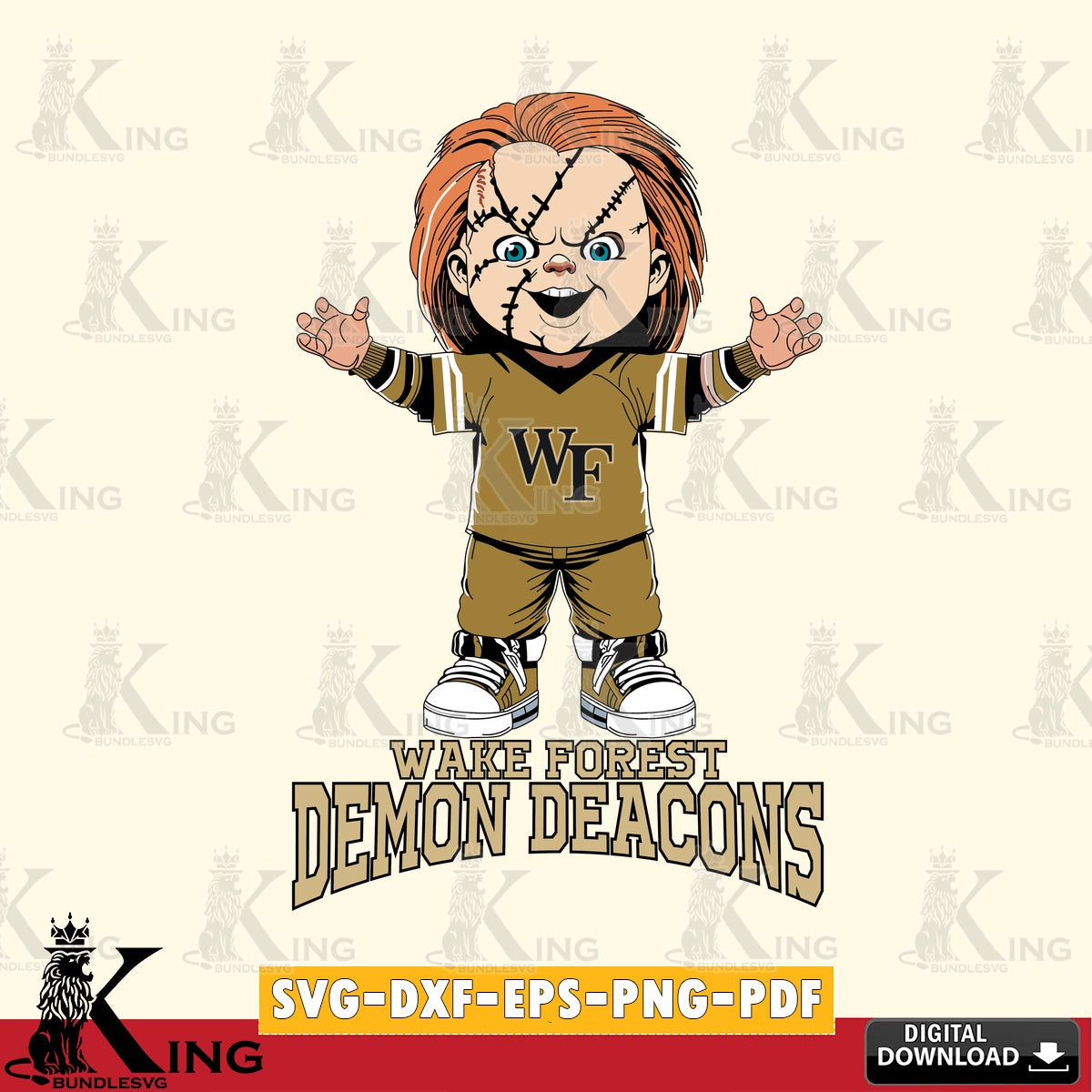 Printable art of Wake Forest Demon Deacons Chucky Football, NCAA vector illustration for POD merchandise and apparel