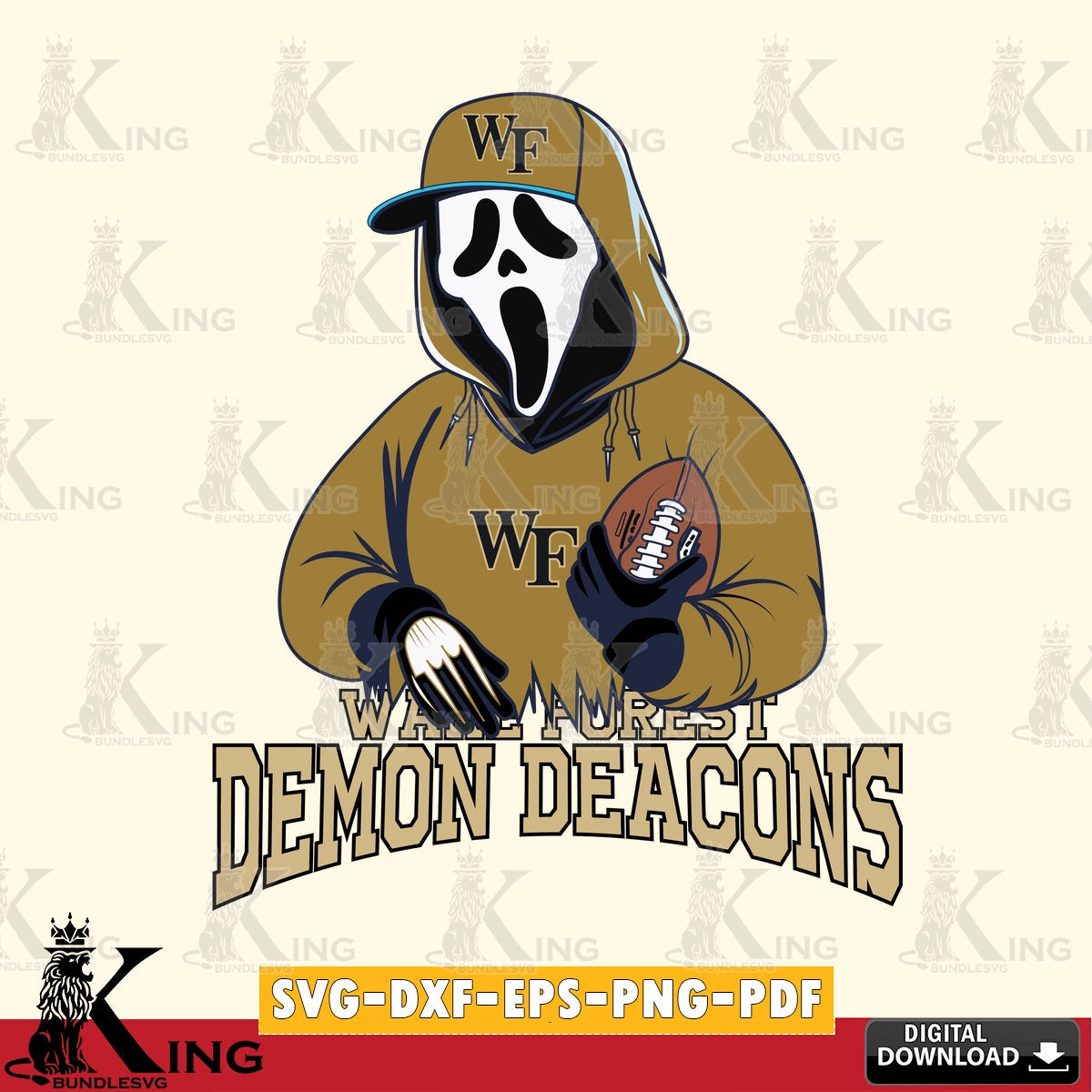 Modern graphic depicting Wake Forest Demon Deacons Ghostface Scream football player, vector art for engraving, cutting, and