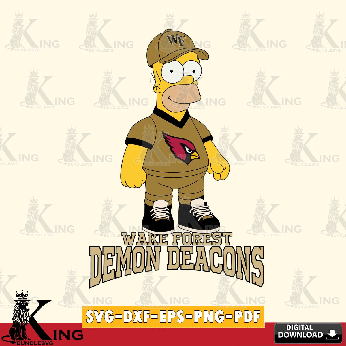 Artistic drawing of Wake Forest Demon Deacons Homer Simpson football, crafting file for iron-on transfer and vinyl decals