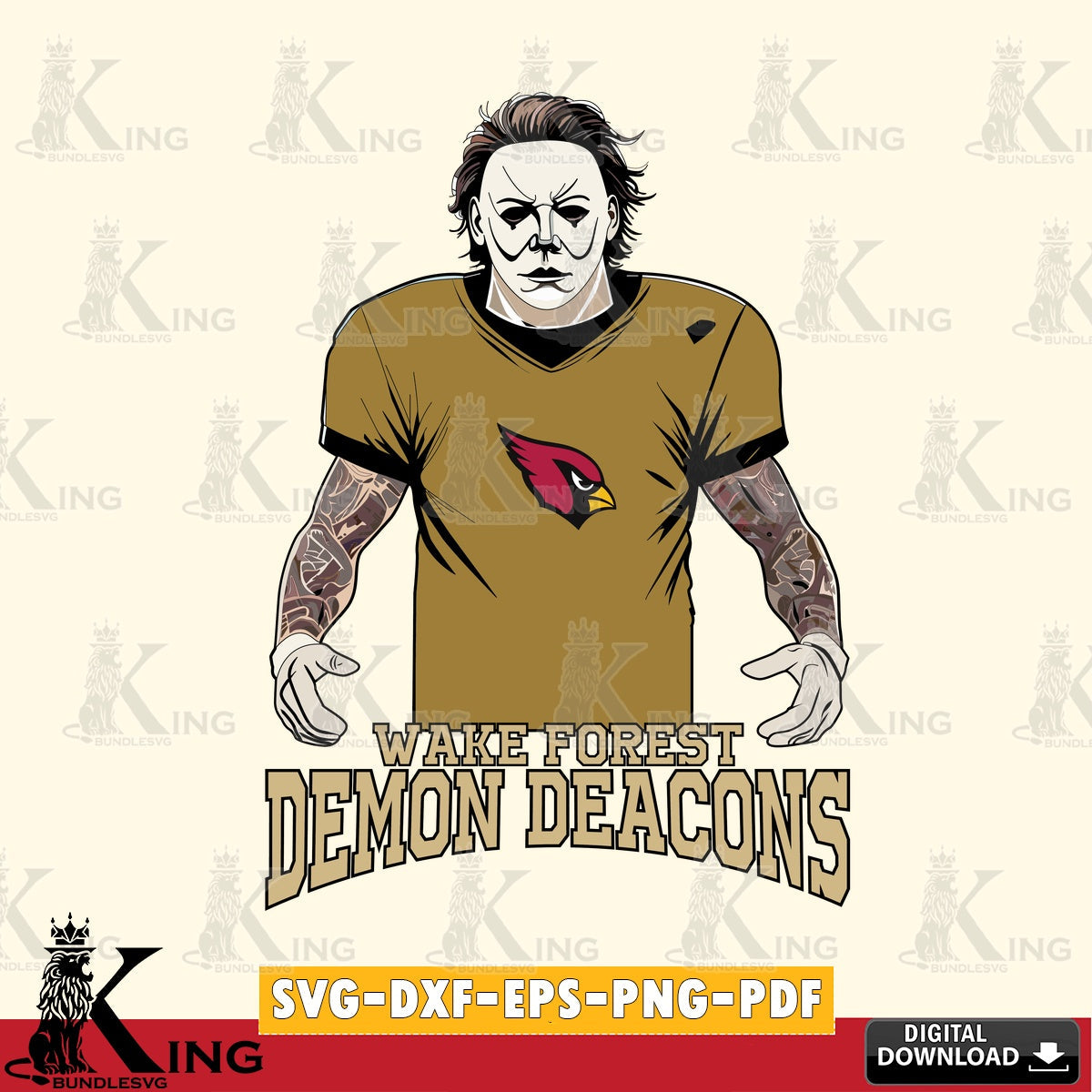 Modern graphic depicting a Wake Forest Demon Deacons Michael Myers tattoo football, crafting file for iron-on transfer and vinyl