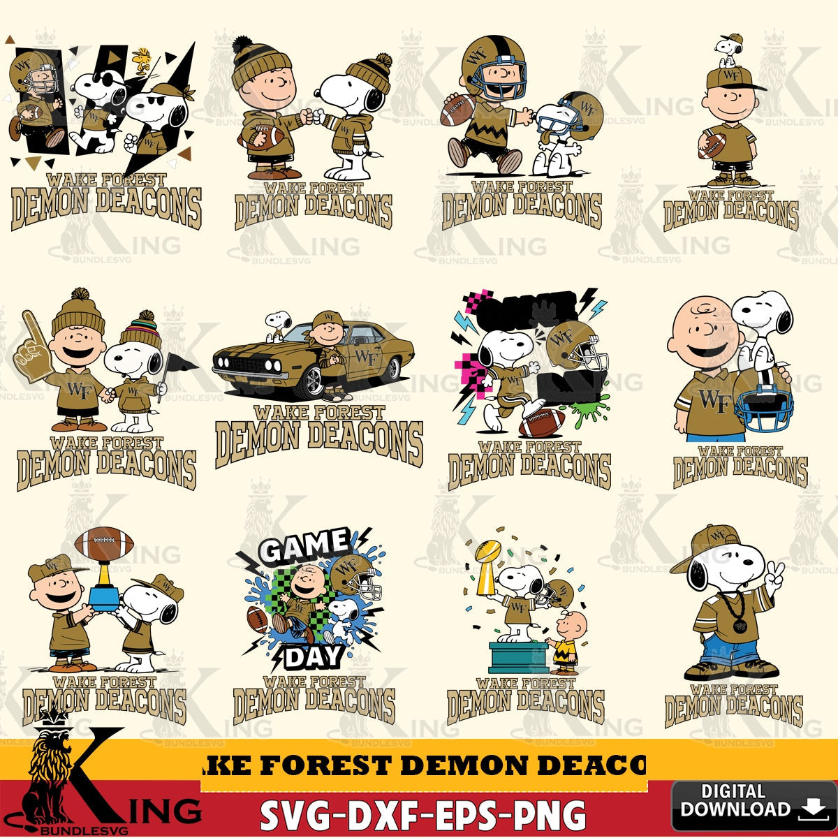 Wake Forest Demon Deacons Peanuts Football NCAA Bundle SVG, Cricut, Cut file  , Digital Download , Instant Download, Peanuts svg, NCAA svg, Football svg, Sport svg