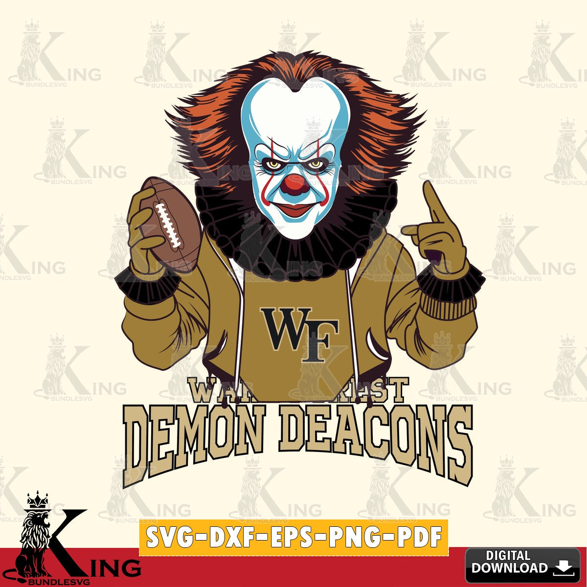 Beautiful illustration of a Wake Forest Demon Deacons Pennywise football player, printable vector design for sublimation and