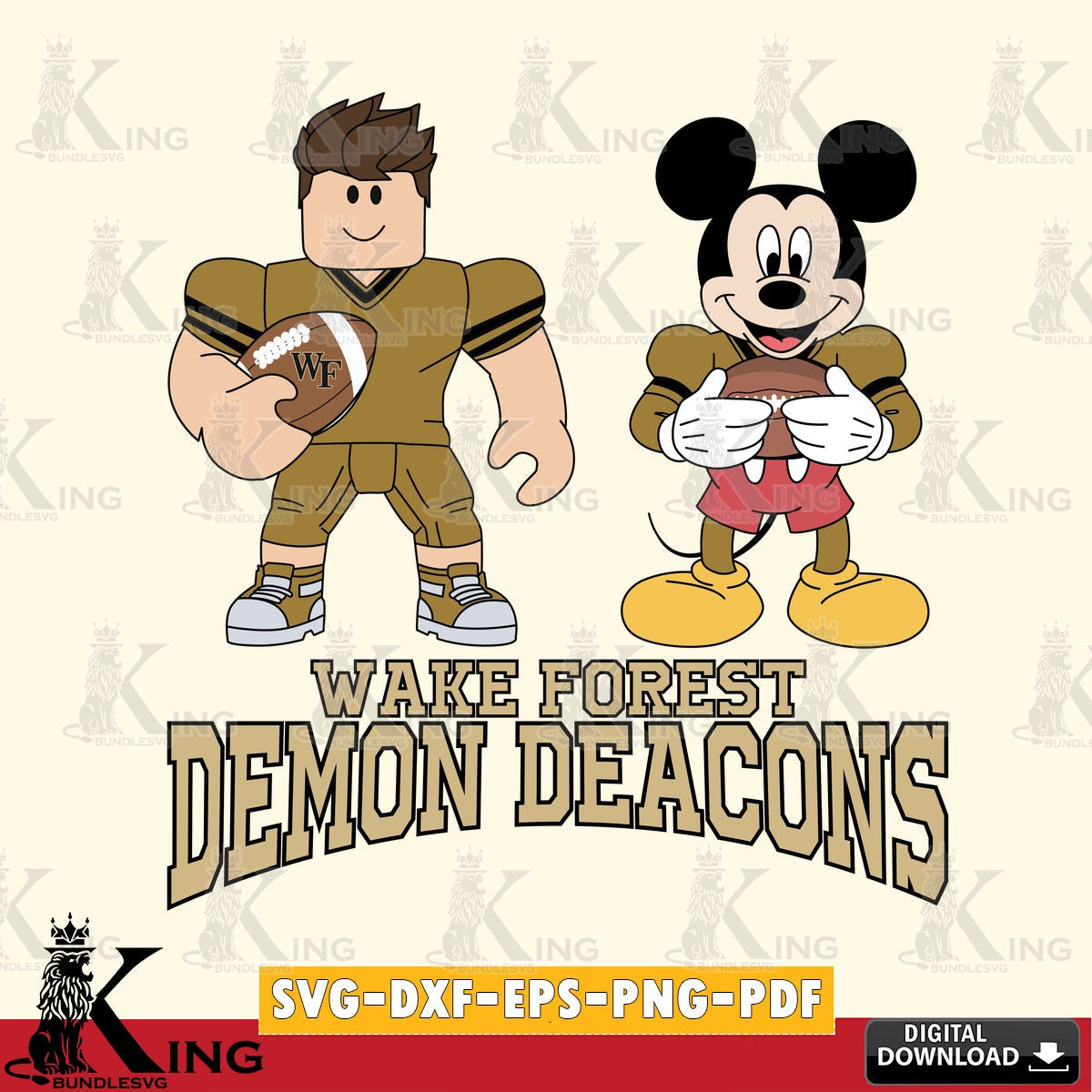 Unique artwork depicting Wake Forest Demon Deacons Roblox & Mickey Football, a printable vector design for sublimation and crafts