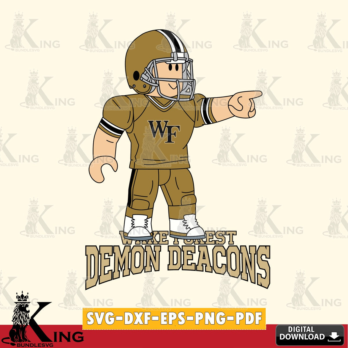 Artistic drawing of a Wake Forest Demon Deacons Roblox player in football action, versatile clip art for stickers, decals, and