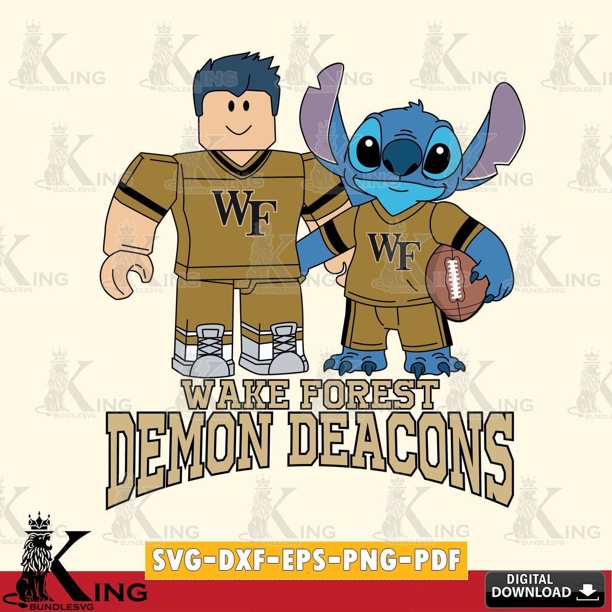 Modern graphic depicting Wake Forest Demon Deacons Roblox & Stitch Football, digital clipart compatible with laser engraving and