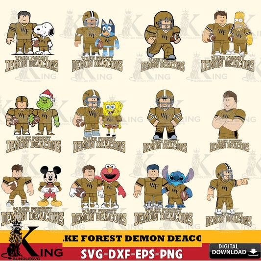 Collection of cartoon characters in brown uniforms with 'Demon Deacons' text on a white background.