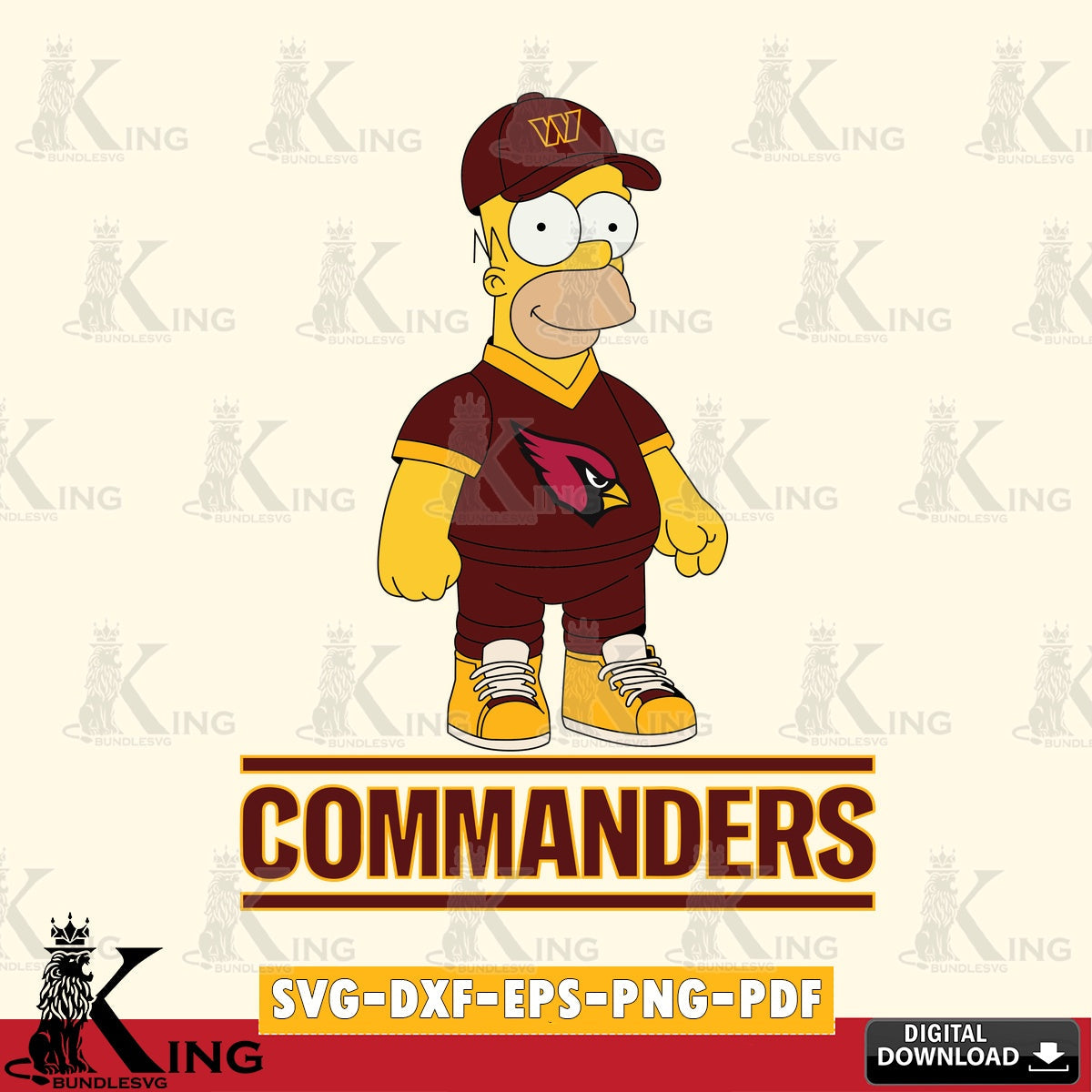 Hand-drawn style art of Washington Football Team Homer Simpson playing football, cut file ideal for vinyl projects and T-shirt