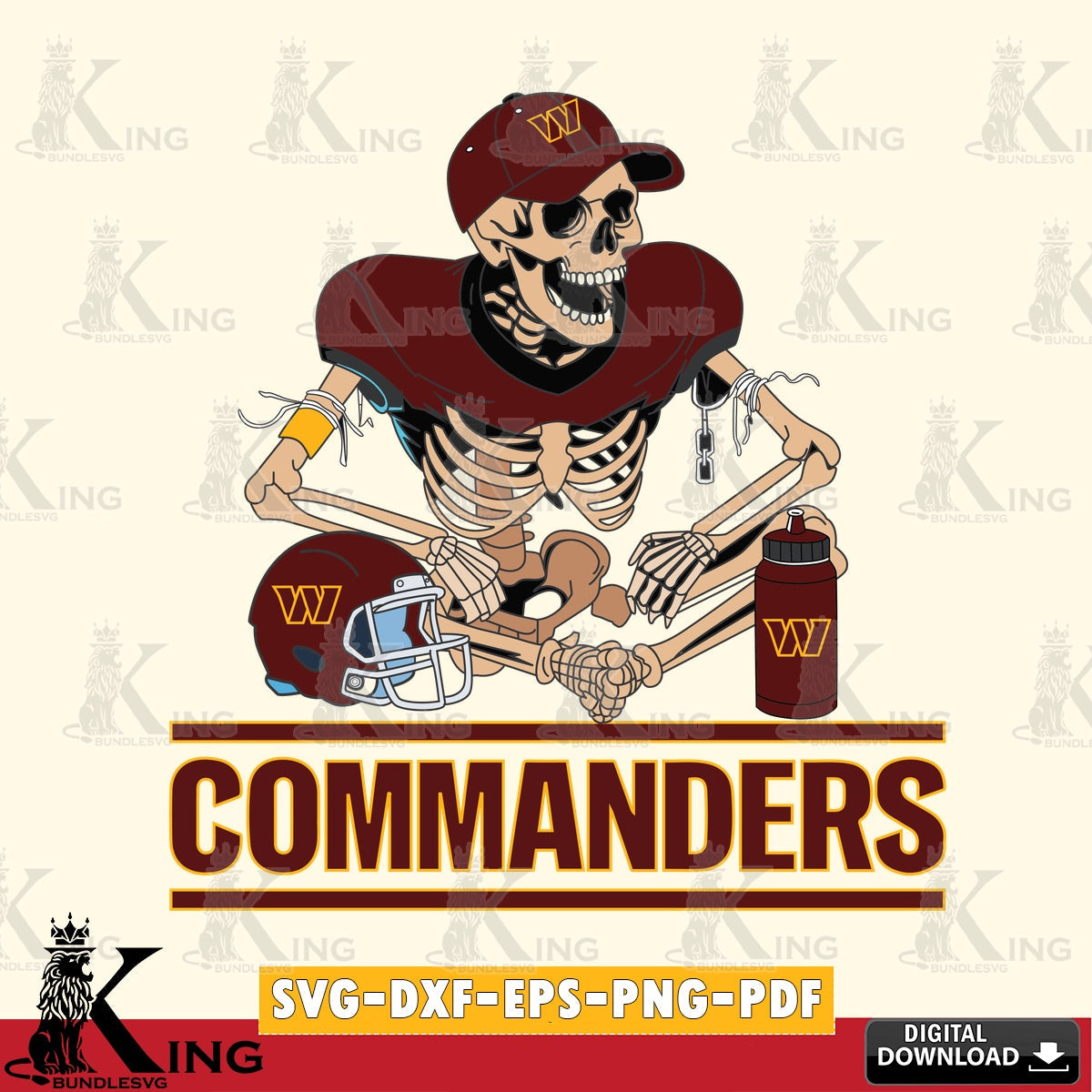 Digital clipart of a Washington Football Team skeleton player holding a football, printable vector design for sublimation and