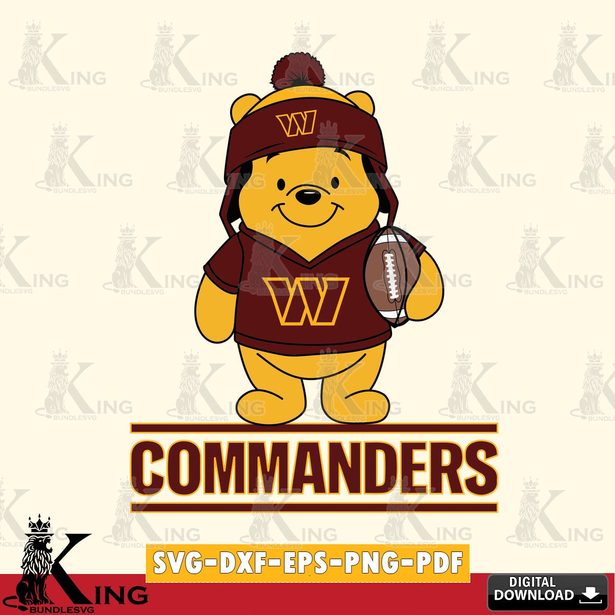 Modern graphic depicting Washington Football Team Winnie the Pooh player football, printable vector design for sublimation and