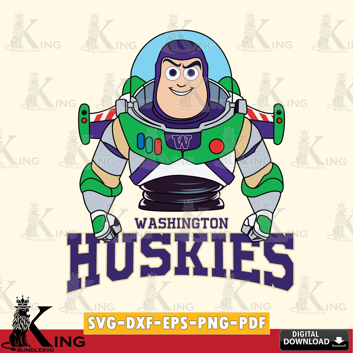 Stylish representation of Washington Huskies Buzz Lightyear Football NCAA design SVG PNG files perfect for Cricut and Silhouette