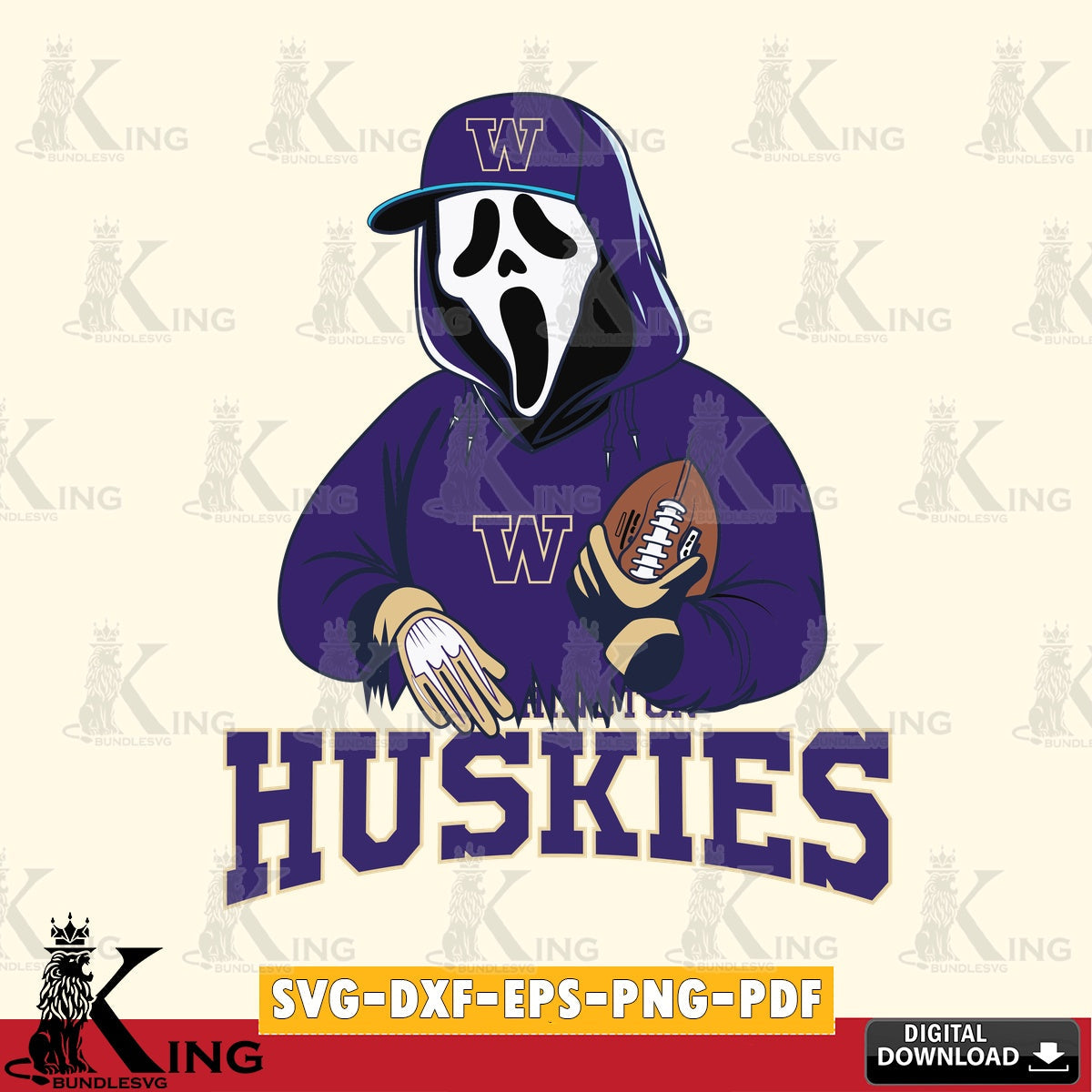 Modern graphic depicting Washington Huskies Ghostface Scream football player, printable vector design for sublimation and crafts.