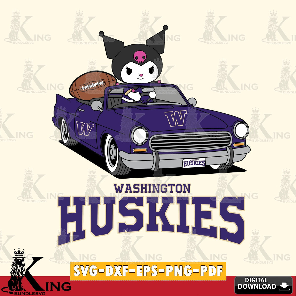 Washington Huskies Kuromi Car Football Game SVG file, Cricut, Cut file  , Digital Download , Instant Download, Sanrio svg, Clipart