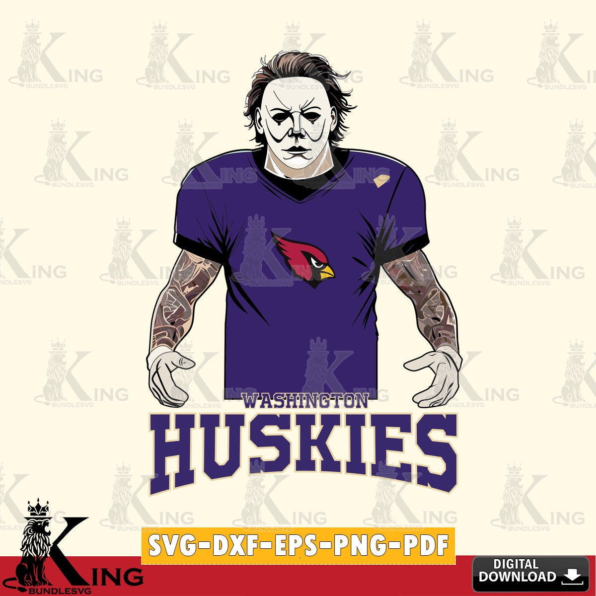 Vector design showing Washington Huskies Michael Myers Tattoo Football, a digital download for Cricut Maker and paper crafts