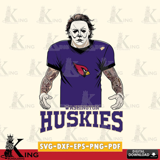 Vector design showing Washington Huskies Michael Myers Tattoo Football, a digital download for Cricut Maker and paper crafts