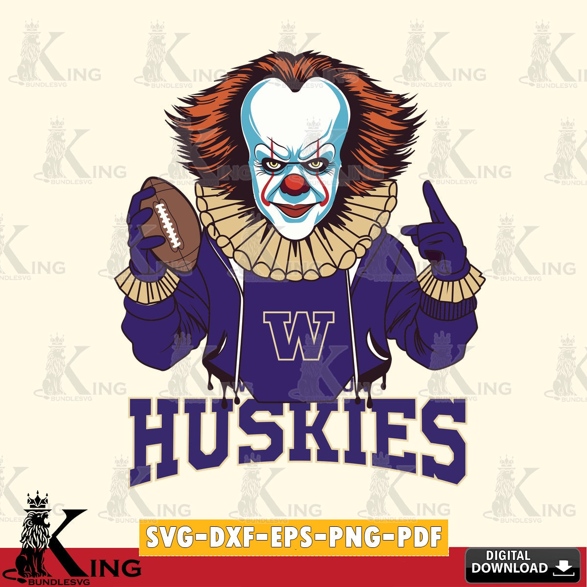 Modern graphic depicting Washington Huskies Pennywise Player Football, SVG PNG files perfect for Cricut and Silhouette cutting