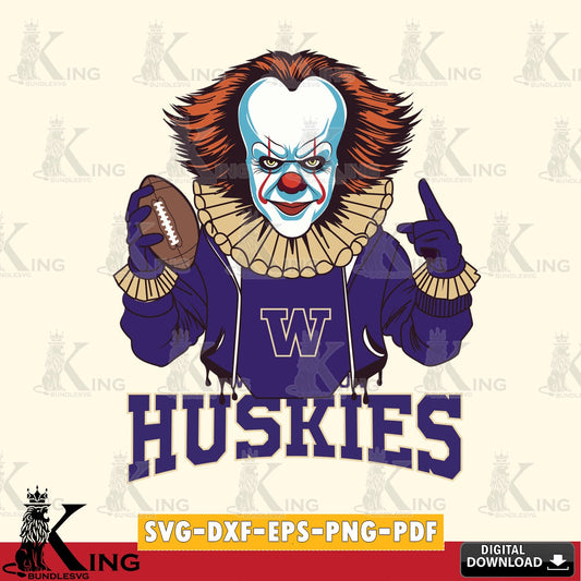 Modern graphic depicting Washington Huskies Pennywise Player Football, SVG PNG files perfect for Cricut and Silhouette cutting