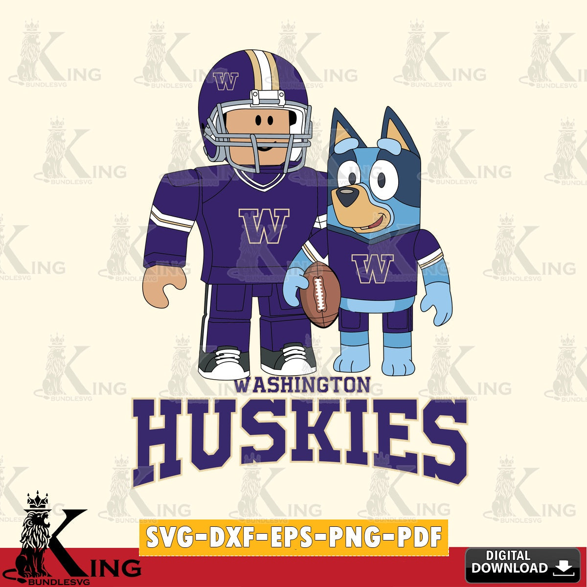 Eye-catching graphic of Washington Huskies Roblox & Bluey Football, NCAA Cricut, File cut, digital, versatile clip art for