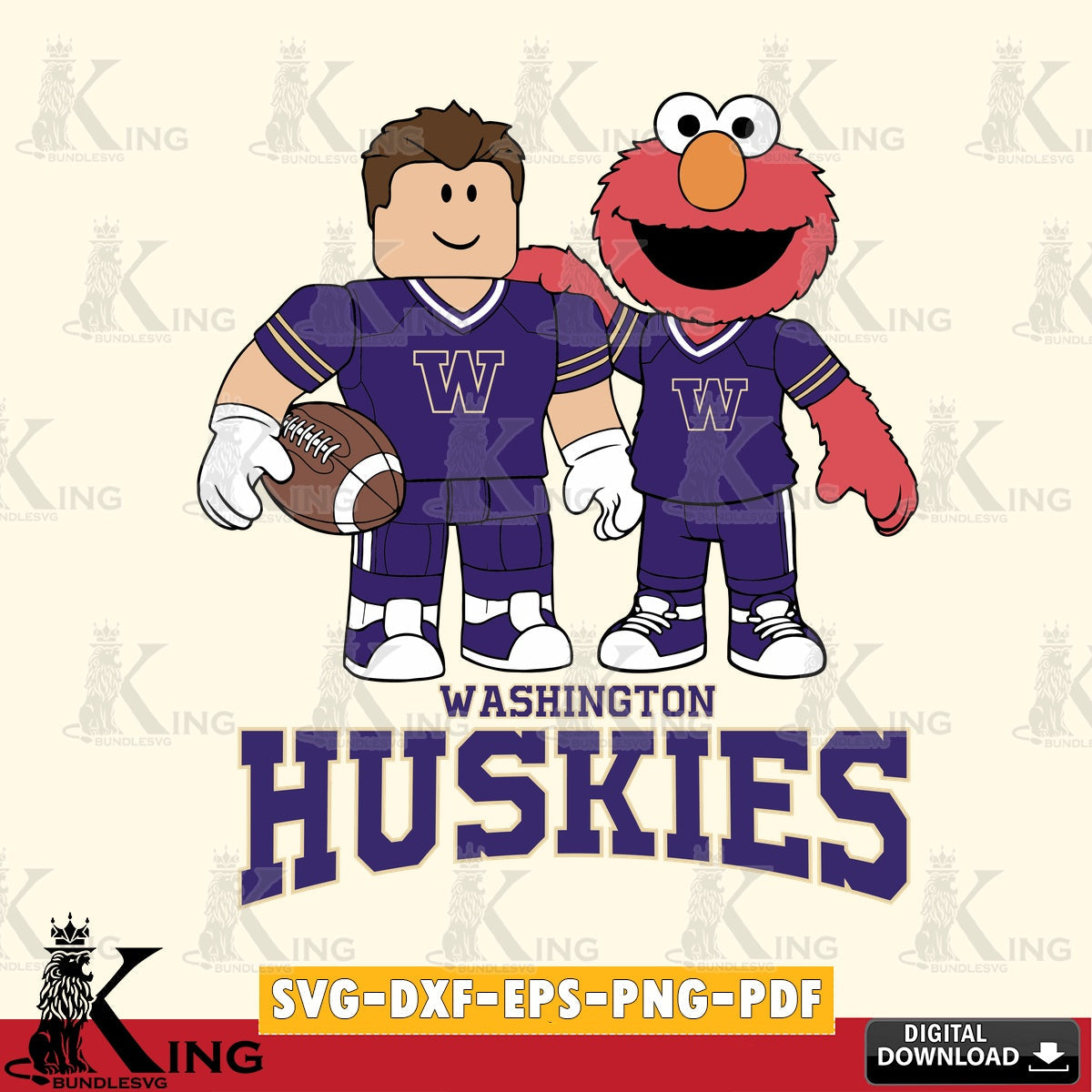 Detailed illustration of Washington Huskies Roblox & Elmo Football, NCAA Cricut, File cut, digital file for silhouette cameo and