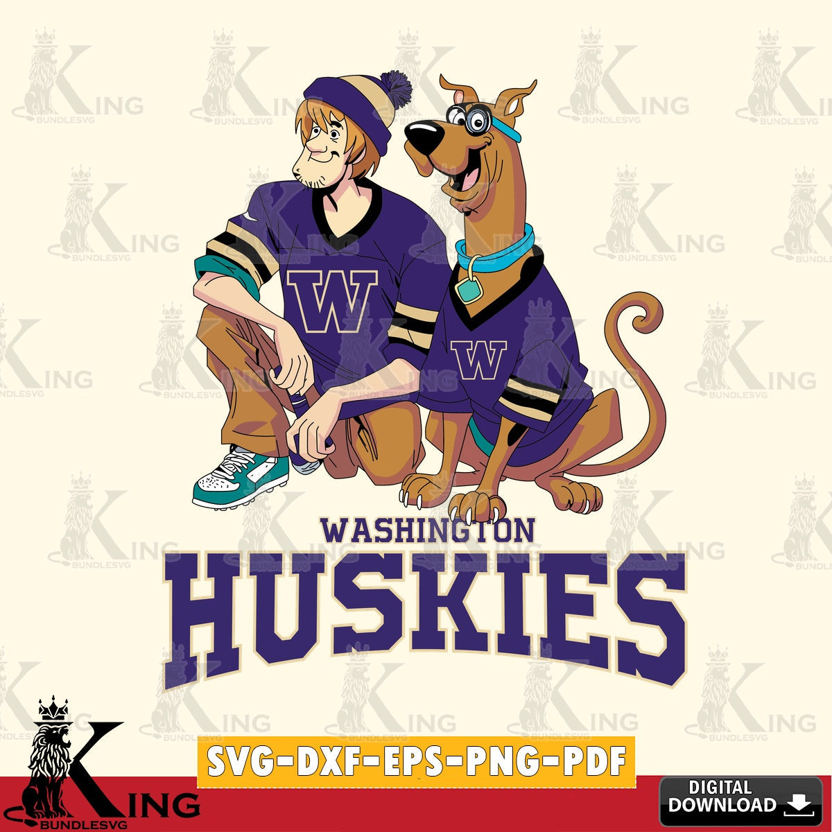 Unique artwork depicting Washington Huskies Shaggy and Scooby Doo football, digital clipart compatible with laser engraving and