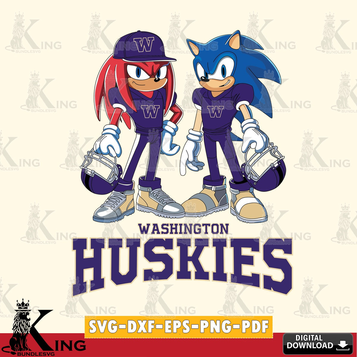 Artistic drawing of Washington Huskies Sonic and Knuckles football player, SVG cut file for personalized gifts and laser projects