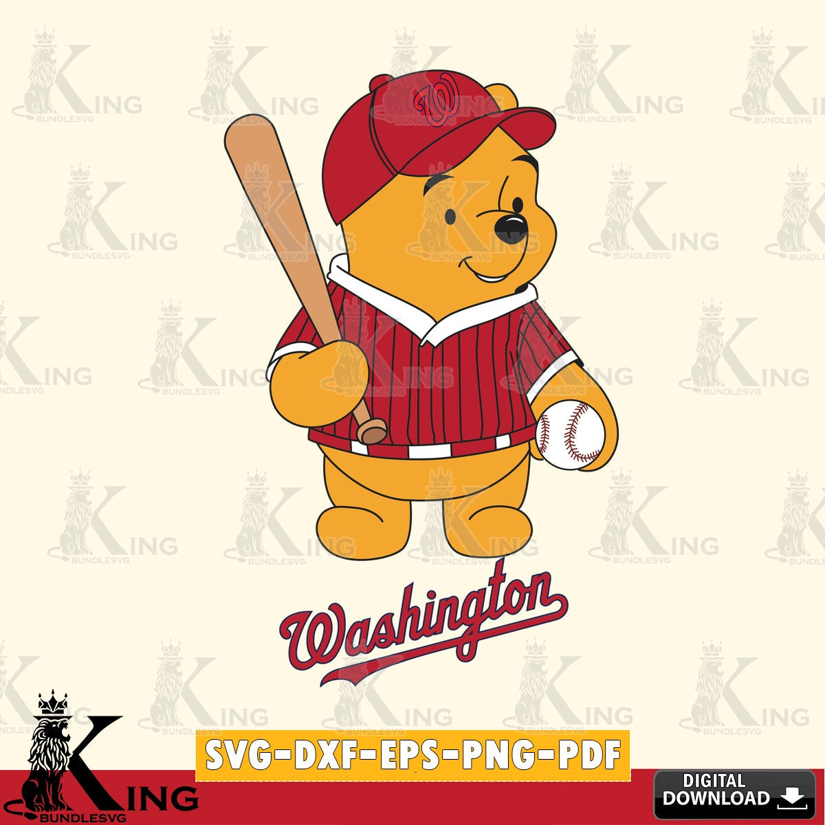 Unique artwork depicting Washington Nationals baseball batter Winnie the Pooh, a printable vector design for sublimation and